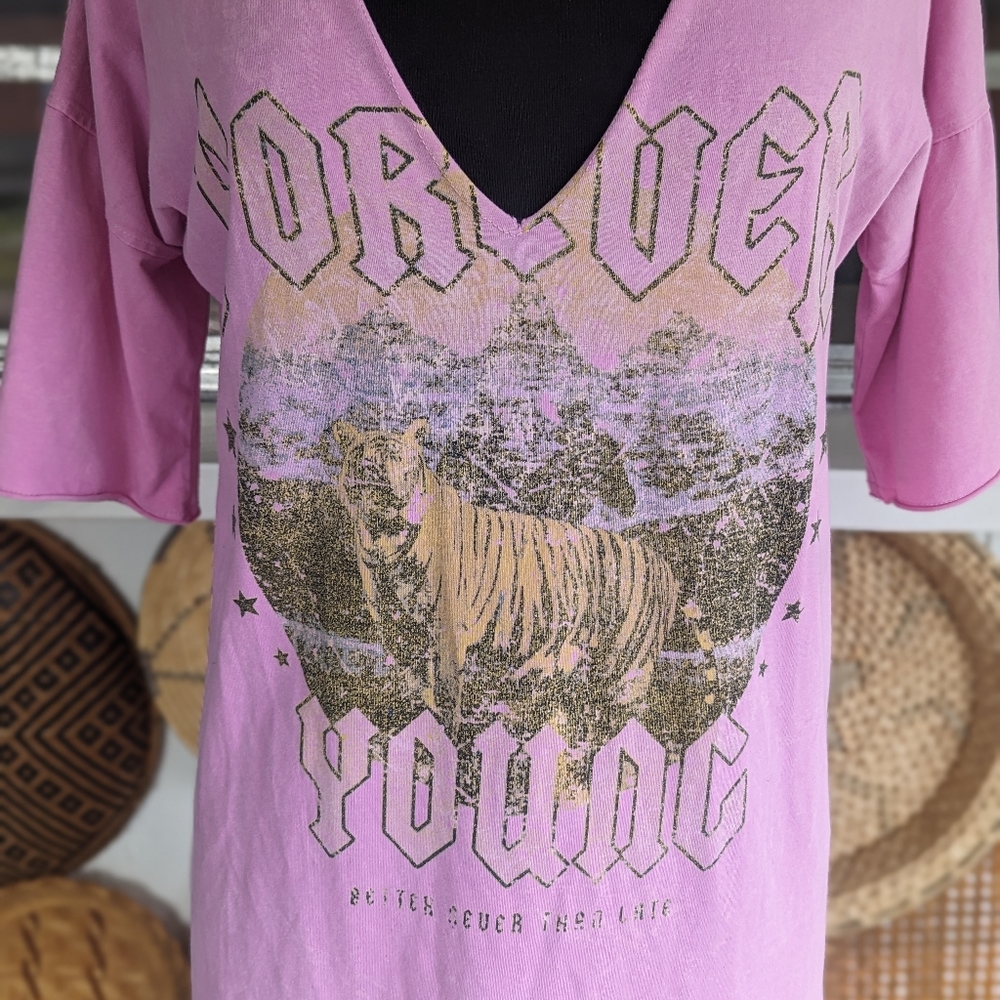 Missguided 2 Pink Vintage Band Tee Mini Dress Forever Young Choker Cut Out Vneck - Picture 7 of 11